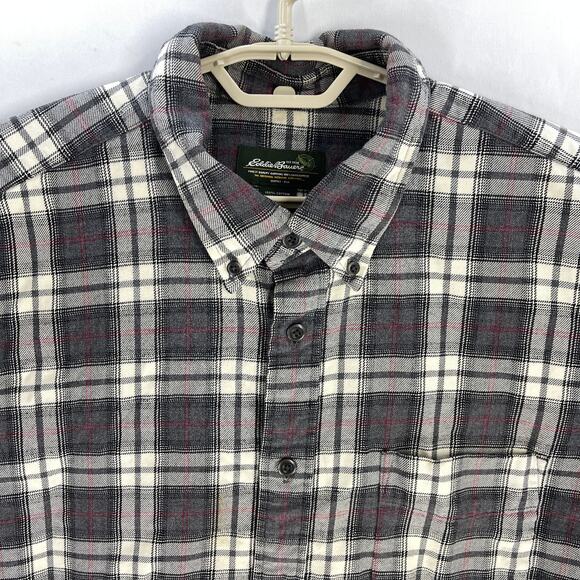 Eddie Bauer Shirt Mens Size XL Gray White Red Plaid Button Up Long Sleeve STAIN - Picture 1 of 7